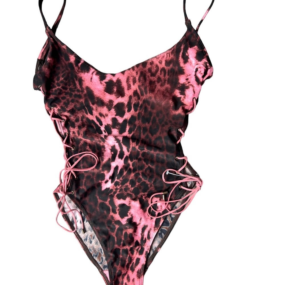 Sauvage Animal Print Side Lace One Piece Size Small Pink & Brown